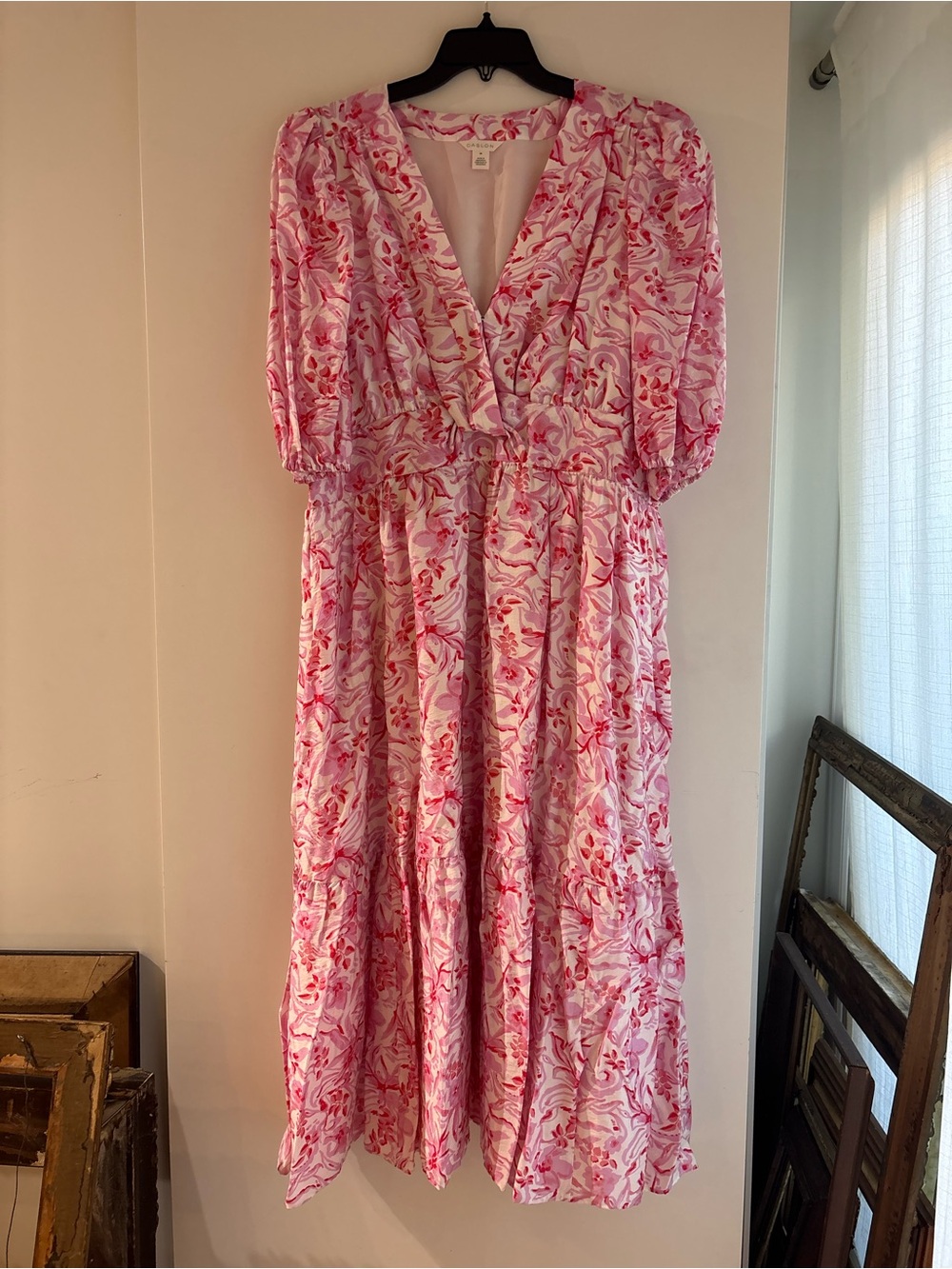 Women's Pink Floral Midi Dress - V-Neck, Puff Sleeve - Caslon from Nordstrom
